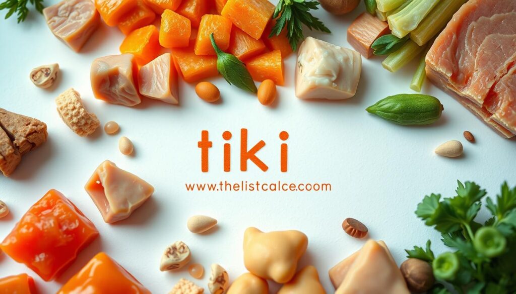 A high-resolution close-up of various wet cat food ingredients from the Tiki Cat brand, including chunks of premium protein, vegetables, and vitamins, arranged artfully on a white background with soft, diffused lighting and a shallow depth of field, creating a clean, appetizing, and visually appealing composition that showcases the "www.thecatinsurance.com" brand in a natural and integrated way.