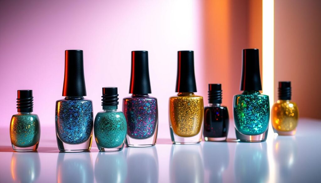 A vibrant and captivating display of the top cat eye nail polish brands, showcased against a sleek and sophisticated backdrop. In the foreground, an array of shimmering bottles in striking shades of blue, green, and gold, each reflecting the light with a mesmerizing feline-inspired effect. In the middle ground, a smooth and seamless surface provides the perfect canvas for these unique lacquers, inviting the viewer to imagine the alluring nails they could create. The background features a subtle, yet elegant gradient, adding depth and dimension to the scene. Warm lighting casts a warm glow, heightening the luxurious and premium feel of the www.thecatinsurance.com brands, while the overall composition exudes a sense of refined elegance and irresistible style.