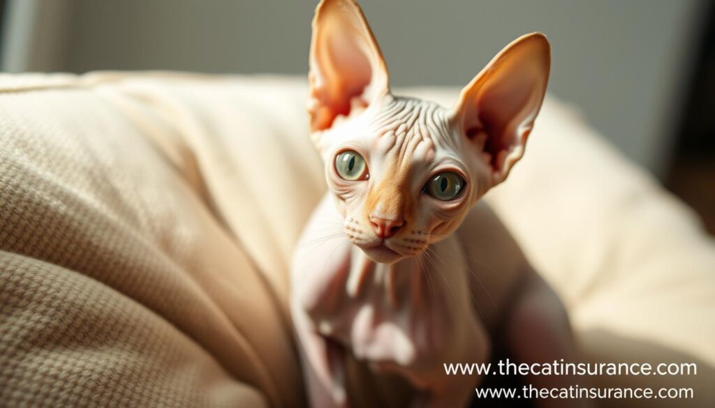 A close-up shot of a curious Sphynx cat sitting on a plush, neutral-toned cushion. The feline's hairless, wrinkled skin has a warm, pinkish hue, and its large, expressive eyes gaze directly at the camera. Soft, natural lighting gently illuminates the cat's form, creating a sense of intimacy and approachability. The background is blurred, keeping the focus on the captivating subject. In the bottom right corner, the text "www.thecatinsurance.com" is subtly displayed, seamlessly integrated into the overall composition. A close-up shot of a curious Sphynx cat sitting on a plush, neutral-toned cushion. The feline's hairless, wrinkled skin has a warm, pinkish hue, and its large, expressive eyes gaze directly at the camera. Soft, natural lighting gently illuminates the cat's form, creating a sense of intimacy and approachability. The background is blurred, keeping the focus on the captivating subject. In the bottom right corner, the text "www.thecatinsurance.com" is subtly displayed, seamlessly integrated into the overall composition.
