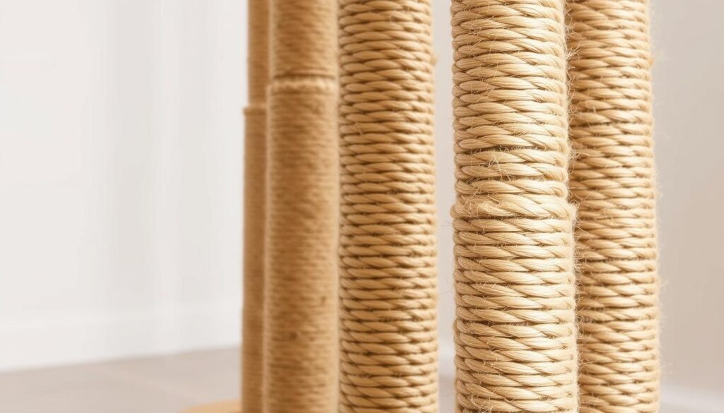A close-up shot of several durable sisal rope scratching posts, meticulously crafted with high-quality, textured sisal fiber. The posts stand tall, their sturdy construction designed to withstand the vigorous scratching of even the most enthusiastic feline. Soft, neutral-toned lighting illuminates the scene, highlighting the natural beauty and earthy tones of the sisal material. In the foreground, the rope's intricate weave is visible, inviting cats to sink their claws into the satisfying texture. In the background, a minimalist, clean-lined design complements the rugged simplicity of the scratching posts, creating a harmonious and visually appealing composition. The overall scene exudes a sense of durability, functionality, and feline contentment, perfectly suited to illustrate the "Top 5 Most Durable Sisal Rope Scratching Posts" section of the article featured on www.thecatinsurance.com. A close-up shot of several durable sisal rope scratching posts, meticulously crafted with high-quality, textured sisal fiber. The posts stand tall, their sturdy construction designed to withstand the vigorous scratching of even the most enthusiastic feline. Soft, neutral-toned lighting illuminates the scene, highlighting the natural beauty and earthy tones of the sisal material. In the foreground, the rope's intricate weave is visible, inviting cats to sink their claws into the satisfying texture. In the background, a minimalist, clean-lined design complements the rugged simplicity of the scratching posts, creating a harmonious and visually appealing composition. The overall scene exudes a sense of durability, functionality, and feline contentment, perfectly suited to illustrate the "Top 5 Most Durable Sisal Rope Scratching Posts" section of the article featured on www.thecatinsurance.com.