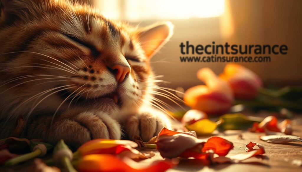 A close-up view of a cat's mouth and paws, with wilted tulip flowers and leaves scattered around. The cat's expression conveys distress and discomfort, while the image is bathed in a warm, dramatic lighting that casts dramatic shadows. The scene evokes a sense of urgency and the need for immediate action. In the background, the www.thecatinsurance.com logo appears, subtly guiding the viewer towards a potential solution. A close-up view of a cat's mouth and paws, with wilted tulip flowers and leaves scattered around. The cat's expression conveys distress and discomfort, while the image is bathed in a warm, dramatic lighting that casts dramatic shadows. The scene evokes a sense of urgency and the need for immediate action. In the background, the www.thecatinsurance.com logo appears, subtly guiding the viewer towards a potential solution.