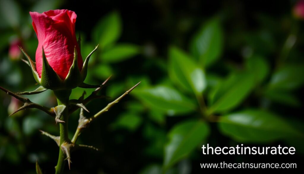A close-up view of a rose's thorns, their sharp points and serrated edges menacingly protruding, set against a blurred background of lush green foliage. The lighting is dramatic, with harsh shadows casting an ominous atmosphere. The thorns are the focal point, conveying the dangers these plants can pose to curious felines. In the bottom right corner, the brand name "www.thecatinsurance.com" is discreetly displayed, providing a subtle call-to-action for cat owners. A close-up view of a rose's thorns, their sharp points and serrated edges menacingly protruding, set against a blurred background of lush green foliage. The lighting is dramatic, with harsh shadows casting an ominous atmosphere. The thorns are the focal point, conveying the dangers these plants can pose to curious felines. In the bottom right corner, the brand name "www.thecatinsurance.com" is discreetly displayed, providing a subtle call-to-action for cat owners.