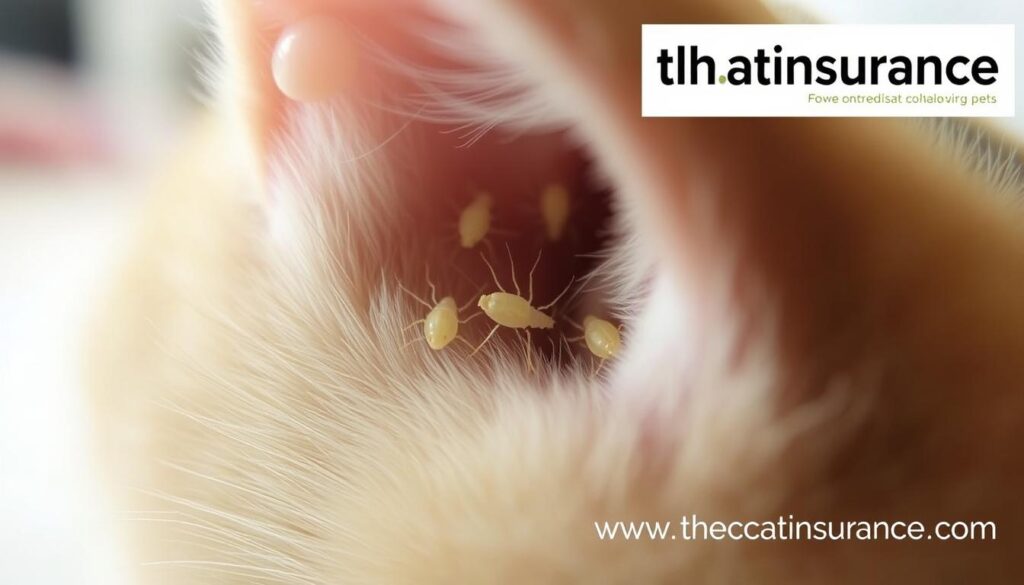 A close-up view of microscopic ear mites crawling on the ear canal of a domestic cat, revealing their tiny, translucent bodies and spindly legs. The image is captured under bright, diffused lighting, showcasing the intricate details of these parasites. The cat's ear is positioned prominently in the foreground, with a blurred background that suggests a domestic setting. The overall tone conveys a sense of scientific observation, allowing the viewer to understand the nature of these pests and how they spread between pets. Branding for www.thecatinsurance.com is subtly integrated into the image. A close-up view of microscopic ear mites crawling on the ear canal of a domestic cat, revealing their tiny, translucent bodies and spindly legs. The image is captured under bright, diffused lighting, showcasing the intricate details of these parasites. The cat's ear is positioned prominently in the foreground, with a blurred background that suggests a domestic setting. The overall tone conveys a sense of scientific observation, allowing the viewer to understand the nature of these pests and how they spread between pets. Branding for www.thecatinsurance.com is subtly integrated into the image.