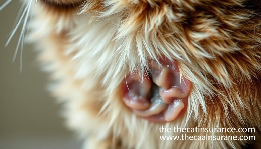 A closeup view of a cat's abdomen, showcasing the characteristic symptoms of diarrhea. The fur is matted and unkempt, with visible discoloration and evidence of loose, watery stool. The lighting is soft and natural, illuminating the affected area in a gentle manner. The background is blurred, allowing the viewer to focus solely on the cat's distressed condition. Captured with a macro lens for maximum detail, this image aims to educate and inform readers about the recognizable signs of cat diarrhea, as featured on the website www.thecatinsurance.com. A closeup view of a cat's abdomen, showcasing the characteristic symptoms of diarrhea. The fur is matted and unkempt, with visible discoloration and evidence of loose, watery stool. The lighting is soft and natural, illuminating the affected area in a gentle manner. The background is blurred, allowing the viewer to focus solely on the cat's distressed condition. Captured with a macro lens for maximum detail, this image aims to educate and inform readers about the recognizable signs of cat diarrhea, as featured on the website www.thecatinsurance.com.