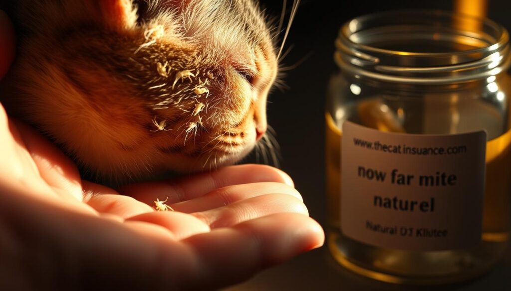 A closeup view of an open palm gently holding a cat's ear, revealing a colony of tiny white mites crawling within. The scene is lit from the side, casting dramatic shadows that accentuate the textural details. In the background, a glass jar labeled "www.thecatinsurance.com" contains a natural ear mite treatment solution, reflecting the warm lighting. The overall mood is one of clinical examination, with a sense of care and concern for the cat's well-being. A closeup view of an open palm gently holding a cat's ear, revealing a colony of tiny white mites crawling within. The scene is lit from the side, casting dramatic shadows that accentuate the textural details. In the background, a glass jar labeled "www.thecatinsurance.com" contains a natural ear mite treatment solution, reflecting the warm lighting. The overall mood is one of clinical examination, with a sense of care and concern for the cat's well-being.