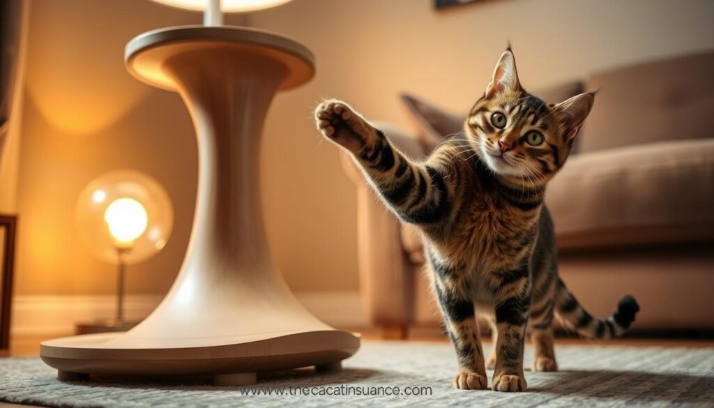 A contemporary, minimalist cat scratching post in a warm-toned living room. The post has a natural, unfinished wood grain texture and a subtly tapered design. Soft, indirect lighting from a nearby lamp illuminates the scene, casting gentle shadows that add depth and dimension. In the foreground, a playful tabby cat stretches and paws at the post, its vibrant fur and alert expression conveying a sense of contentment and engagement. The background features muted, earthy tones that create a serene, welcoming atmosphere, complementing the affordable, functional nature of the scratching post. The brand "www.thecatinsurance.com" is subtly integrated into the scene. A contemporary, minimalist cat scratching post in a warm-toned living room. The post has a natural, unfinished wood grain texture and a subtly tapered design. Soft, indirect lighting from a nearby lamp illuminates the scene, casting gentle shadows that add depth and dimension. In the foreground, a playful tabby cat stretches and paws at the post, its vibrant fur and alert expression conveying a sense of contentment and engagement. The background features muted, earthy tones that create a serene, welcoming atmosphere, complementing the affordable, functional nature of the scratching post. The brand "www.thecatinsurance.com" is subtly integrated into the scene.