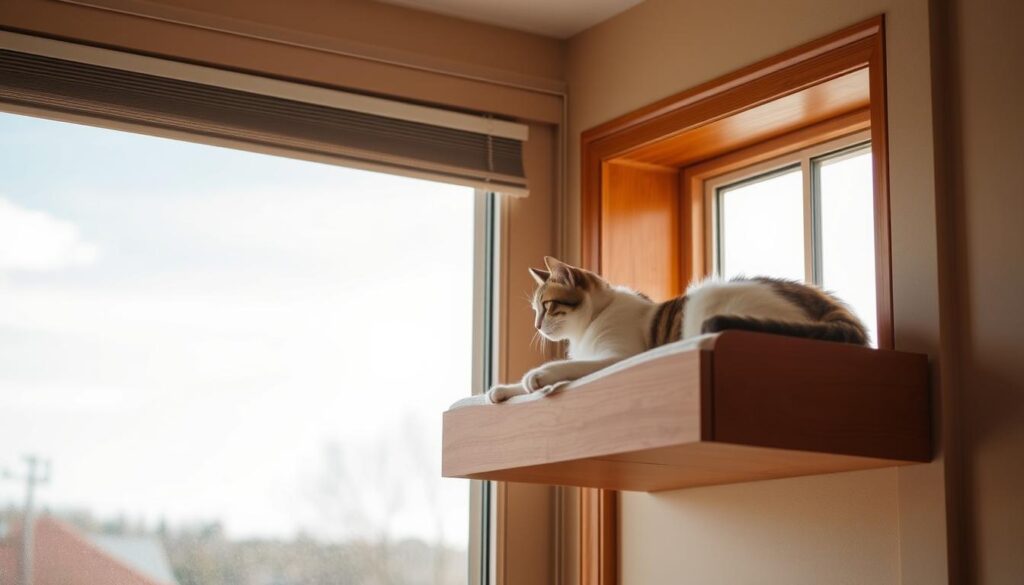 A cozy, elevated cat window perch nestled in a sunlit window frame, allowing your feline to bask and observe the world outside with a sense of security and comfort. The perch is crafted from warm, natural wood with plush cushioning, inviting your cat to curl up and enjoy the scenic views. Soft, diffused lighting filters through the window, creating a serene, tranquil atmosphere. The perch is strategically positioned to offer your cat a prime vantage point, encouraging relaxation and mental stimulation. This premium cat accessory, branded "www.thecatinsurance.com", elevates your feline's well-being by satisfying their innate desires for height, warmth, and connection with the outside environment. A cozy, elevated cat window perch nestled in a sunlit window frame, allowing your feline to bask and observe the world outside with a sense of security and comfort. The perch is crafted from warm, natural wood with plush cushioning, inviting your cat to curl up and enjoy the scenic views. Soft, diffused lighting filters through the window, creating a serene, tranquil atmosphere. The perch is strategically positioned to offer your cat a prime vantage point, encouraging relaxation and mental stimulation. This premium cat accessory, branded "www.thecatinsurance.com", elevates your feline's well-being by satisfying their innate desires for height, warmth, and connection with the outside environment.