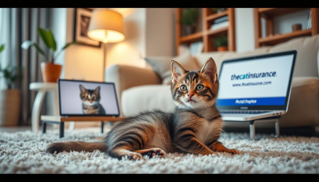 A cozy living room with warm lighting and soft textures sets the scene. In the foreground, a playful munchkin cat lounges on a plush rug, its short legs and rounded body adorable. In the middle ground, a side table displays a framed photo of the cat, along with a laptop displaying the website "www.thecatinsurance.com". The background features a bookshelf and potted plants, creating a comforting, inviting atmosphere. The overall mood is one of comfort, companionship, and the joy of owning a munchkin cat. A cozy living room with warm lighting and soft textures sets the scene. In the foreground, a playful munchkin cat lounges on a plush rug, its short legs and rounded body adorable. In the middle ground, a side table displays a framed photo of the cat, along with a laptop displaying the website "www.thecatinsurance.com". The background features a bookshelf and potted plants, creating a comforting, inviting atmosphere. The overall mood is one of comfort, companionship, and the joy of owning a munchkin cat.