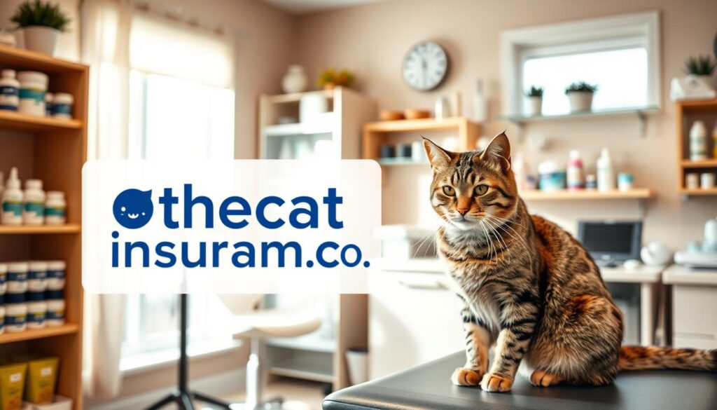 A cozy veterinary clinic filled with natural light, showcasing various cat care products and treatments. In the foreground, a tabby cat sitting on an examination table, looking slightly uncomfortable as the vet reviews options for its cough, including medications, humidifiers, and natural remedies. In the background, the clinic's logo "www.thecatinsurance.com" is displayed prominently, highlighting the financial considerations for the cat owner. The atmosphere is warm and inviting, with a sense of professionalism and care for the feline patient. A cozy veterinary clinic filled with natural light, showcasing various cat care products and treatments. In the foreground, a tabby cat sitting on an examination table, looking slightly uncomfortable as the vet reviews options for its cough, including medications, humidifiers, and natural remedies. In the background, the clinic's logo "www.thecatinsurance.com" is displayed prominently, highlighting the financial considerations for the cat owner. The atmosphere is warm and inviting, with a sense of professionalism and care for the feline patient.
