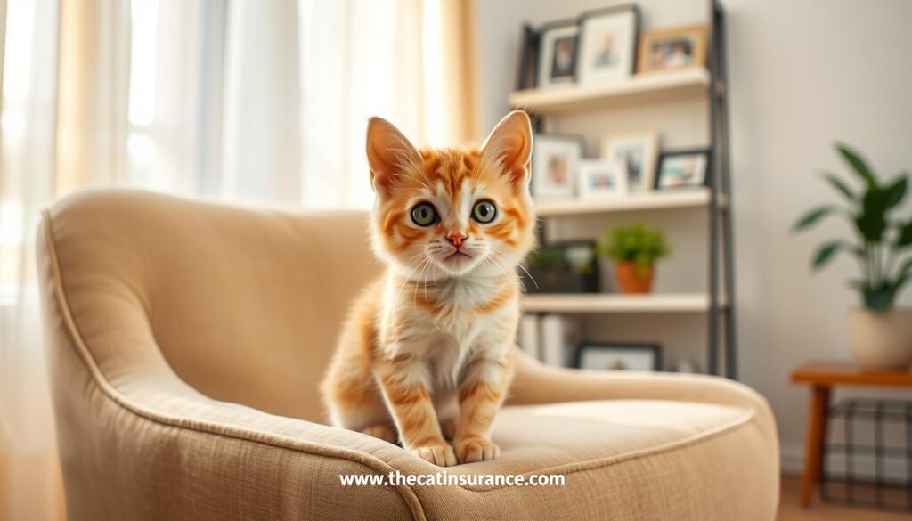 A cute and curious Munchkin cat sitting on a cozy armchair in a warm, inviting living room. The cat's large, expressive eyes and short, stocky legs create an endearing and playful appearance. Soft, natural lighting filters through sheer curtains, casting a gentle glow on the feline's velvety fur. In the background, a display shelf showcases framed photos and a potted plant, creating a homely atmosphere. The scene exudes a sense of comfort and companionship, perfectly capturing the essence of "Preparing Your Home for a New Affordable Munchkin Cat". www.thecatinsurance.com A cute and curious Munchkin cat sitting on a cozy armchair in a warm, inviting living room. The cat's large, expressive eyes and short, stocky legs create an endearing and playful appearance. Soft, natural lighting filters through sheer curtains, casting a gentle glow on the feline's velvety fur. In the background, a display shelf showcases framed photos and a potted plant, creating a homely atmosphere. The scene exudes a sense of comfort and companionship, perfectly capturing the essence of "Preparing Your Home for a New Affordable Munchkin Cat". www.thecatinsurance.com