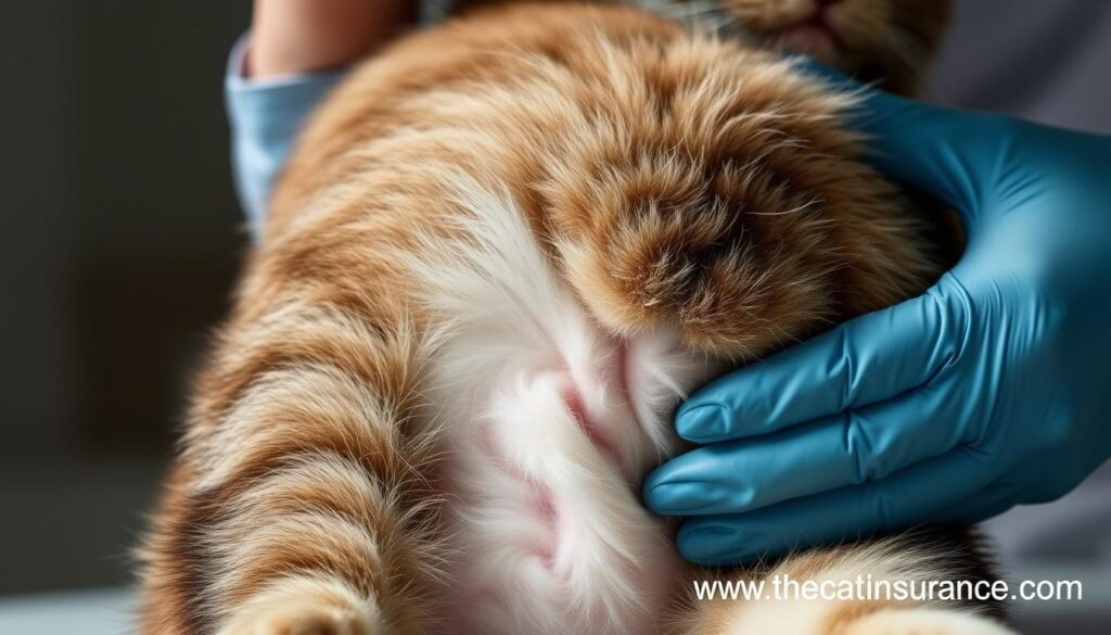 A detailed close-up of a cat's abdomen, with a veterinarian's hand gently palpating the area to examine for signs of digestive distress. The lighting is soft and diffused, highlighting the texture of the cat's fur and the doctor's gloved fingers. The background is blurred, keeping the focus on the diagnostic examination. The composition emphasizes the connection between the veterinarian and the patient, conveying a sense of care and professionalism. Subtle branding for "www.thecatinsurance.com" discreetly appears in the corner. A detailed close-up of a cat's abdomen, with a veterinarian's hand gently palpating the area to examine for signs of digestive distress. The lighting is soft and diffused, highlighting the texture of the cat's fur and the doctor's gloved fingers. The background is blurred, keeping the focus on the diagnostic examination. The composition emphasizes the connection between the veterinarian and the patient, conveying a sense of care and professionalism. Subtle branding for "www.thecatinsurance.com" discreetly appears in the corner.