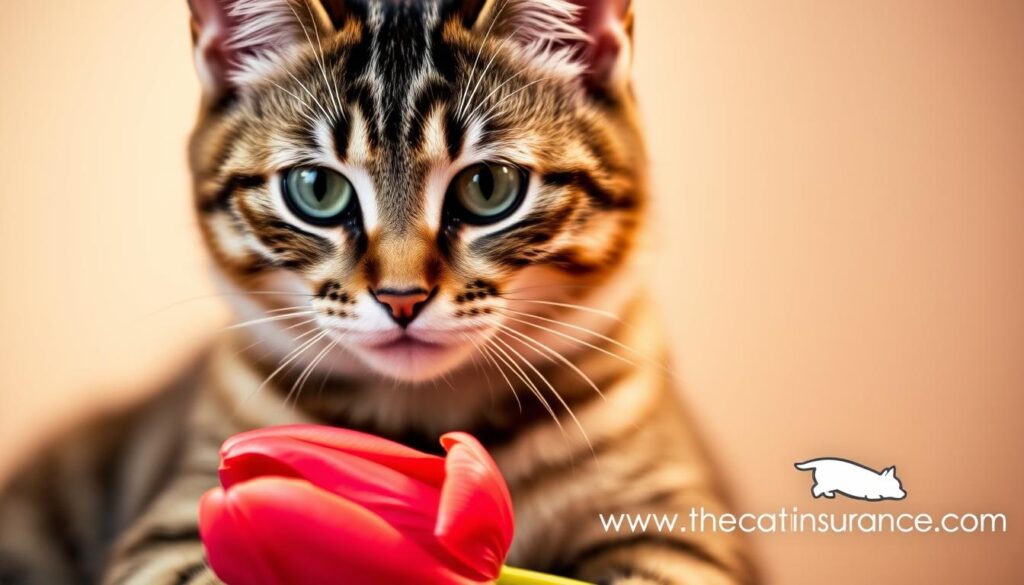 A detailed close-up of a tabby cat sitting next to a vibrant red tulip, with the "www.thecatinsurance.com" logo prominently displayed in the bottom right corner. The cat is alert and curious, its eyes focused on the flower, while soft, warm lighting illuminates the scene. The background is slightly blurred, emphasizing the cat and the tulip as the focal points. The overall composition conveys a sense of concern and caution about the potential dangers of tulips for felines. A detailed close-up of a tabby cat sitting next to a vibrant red tulip, with the "www.thecatinsurance.com" logo prominently displayed in the bottom right corner. The cat is alert and curious, its eyes focused on the flower, while soft, warm lighting illuminates the scene. The background is slightly blurred, emphasizing the cat and the tulip as the focal points. The overall composition conveys a sense of concern and caution about the potential dangers of tulips for felines.