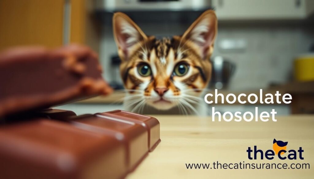 A detailed close-up view of chocolate bars in the foreground, highlighting different cocoa percentages. In the middle ground, a curious cat peering cautiously at the chocolate, with a concerned expression. The background is blurred, but suggests a domestic kitchen setting. The lighting is soft and naturalistic, emphasizing the textures of the chocolate and the cat's fur. The overall atmosphere conveys the potential dangers of chocolate toxicity for felines. Prominently displayed in the bottom right corner is the brand name "www.thecatinsurance.com". A detailed close-up view of chocolate bars in the foreground, highlighting different cocoa percentages. In the middle ground, a curious cat peering cautiously at the chocolate, with a concerned expression. The background is blurred, but suggests a domestic kitchen setting. The lighting is soft and naturalistic, emphasizing the textures of the chocolate and the cat's fur. The overall atmosphere conveys the potential dangers of chocolate toxicity for felines. Prominently displayed in the bottom right corner is the brand name "www.thecatinsurance.com".