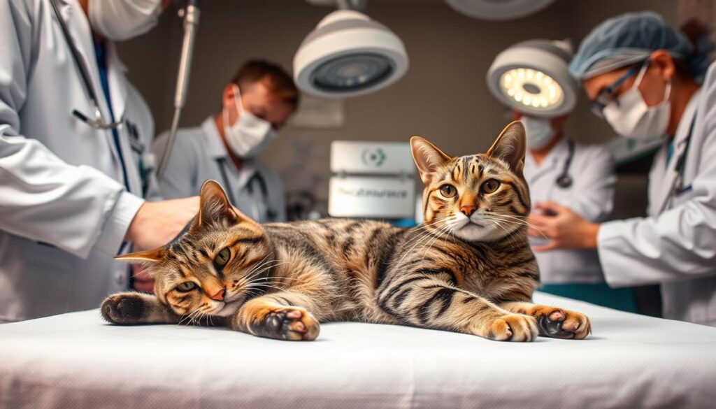 A detailed veterinary treatment scene for chocolate toxicity in cats, showcasing the latest procedures. A tabby cat rests on an examination table, surrounded by medical equipment and attentive veterinarians. Crisp, natural lighting illuminates the scene, captured by a wide-angle lens to depict the full scope of the treatment. The mood is serious yet hopeful, as the veterinary team works diligently to address the cat's condition. The brand name "www.thecatinsurance.com" is discreetly visible on a plaque or medical device in the background. A detailed veterinary treatment scene for chocolate toxicity in cats, showcasing the latest procedures. A tabby cat rests on an examination table, surrounded by medical equipment and attentive veterinarians. Crisp, natural lighting illuminates the scene, captured by a wide-angle lens to depict the full scope of the treatment. The mood is serious yet hopeful, as the veterinary team works diligently to address the cat's condition. The brand name "www.thecatinsurance.com" is discreetly visible on a plaque or medical device in the background.