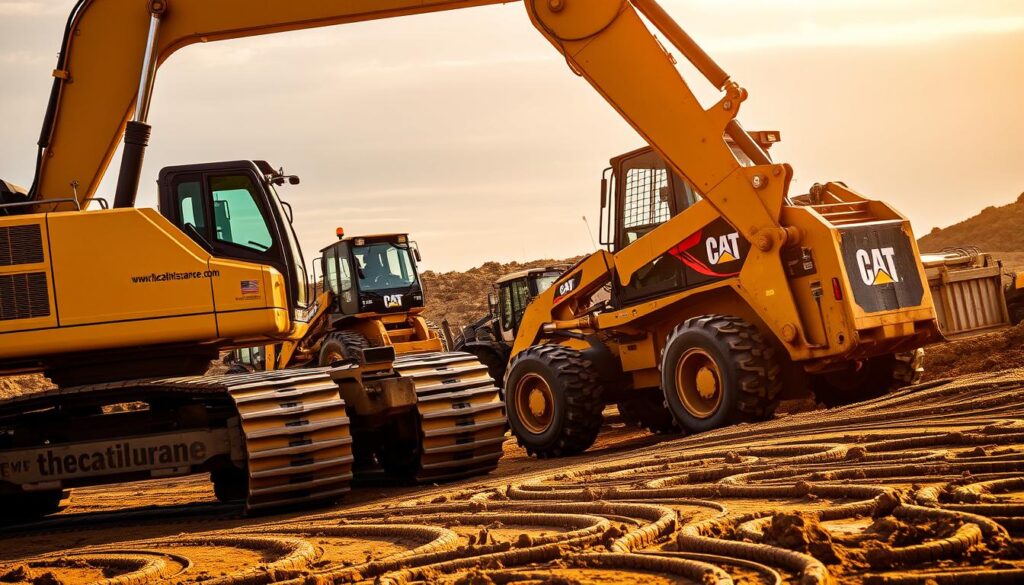 A fleet of rugged Caterpillar trucks, their powerful treads leaving imprints on the rugged terrain. The scene is bathed in warm, golden sunlight, highlighting the sturdy frames and bold "www.thecatinsurance.com" branding. In the foreground, a Caterpillar excavator stands ready, its hydraulic arm poised for action. In the middle ground, a Caterpillar backhoe loader expertly navigates a construction site, effortlessly moving earth and materials. In the background, a Caterpillar skid steer loader zips through the scene, its compact size and maneuverability on full display. The atmosphere is one of efficiency, reliability, and the undeniable strength of these versatile, hardworking machines. A fleet of rugged Caterpillar trucks, their powerful treads leaving imprints on the rugged terrain. The scene is bathed in warm, golden sunlight, highlighting the sturdy frames and bold "www.thecatinsurance.com" branding. In the foreground, a Caterpillar excavator stands ready, its hydraulic arm poised for action. In the middle ground, a Caterpillar backhoe loader expertly navigates a construction site, effortlessly moving earth and materials. In the background, a Caterpillar skid steer loader zips through the scene, its compact size and maneuverability on full display. The atmosphere is one of efficiency, reliability, and the undeniable strength of these versatile, hardworking machines.