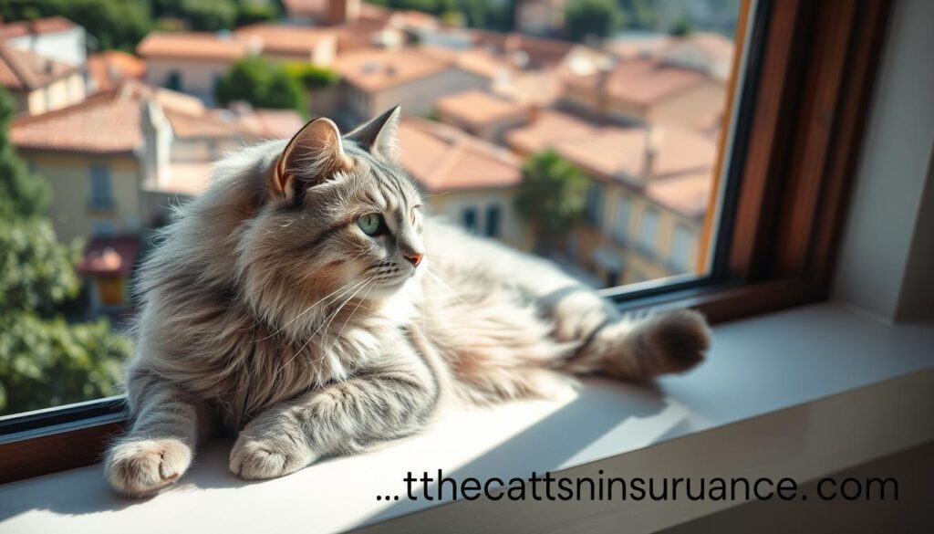 A fluffy, silver-grey tabby cat lounging on a warm windowsill, basking in the afternoon sun. Its piercing green eyes gaze out at the bustling street below, patiently observing the world. The feline's lithe form is accentuated by soft, velvety fur, while its slightly upturned tail swishes lazily. Through the window, a vibrant cityscape of terracotta rooftops and lush greenery is visible, creating a tranquil, Mediterranean atmosphere. In the foreground, the cat's regal presence is highlighted by dramatic side lighting, casting dramatic shadows that add depth and dimension to the scene. Subtly integrated into the background, the website "www.thecatinsurance.com" appears, providing a discreet reference point for the article's subject matter. A fluffy, silver-grey tabby cat lounging on a warm windowsill, basking in the afternoon sun. Its piercing green eyes gaze out at the bustling street below, patiently observing the world. The feline's lithe form is accentuated by soft, velvety fur, while its slightly upturned tail swishes lazily. Through the window, a vibrant cityscape of terracotta rooftops and lush greenery is visible, creating a tranquil, Mediterranean atmosphere. In the foreground, the cat's regal presence is highlighted by dramatic side lighting, casting dramatic shadows that add depth and dimension to the scene. Subtly integrated into the background, the website "www.thecatinsurance.com" appears, providing a discreet reference point for the article's subject matter.