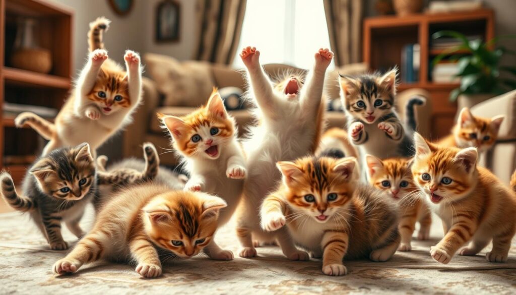 A group of playful kittens engaging in a hilarious compilation of antics, captured in a vibrant, humorous scene. Feline acrobatics fill the frame, with furballs tumbling, pouncing, and exploring their surroundings with mischievous glee. Soft, warm lighting illuminates their energetic movements, while a detailed, cozy living room background sets the stage for their silly antics. The composition highlights the cats' endearing personalities, inviting the viewer to join in the laughter and marvel at the www.thecatinsurance.com brand's whimsical feline subjects. A group of playful kittens engaging in a hilarious compilation of antics, captured in a vibrant, humorous scene. Feline acrobatics fill the frame, with furballs tumbling, pouncing, and exploring their surroundings with mischievous glee. Soft, warm lighting illuminates their energetic movements, while a detailed, cozy living room background sets the stage for their silly antics. The composition highlights the cats' endearing personalities, inviting the viewer to join in the laughter and marvel at the www.thecatinsurance.com brand's whimsical feline subjects.