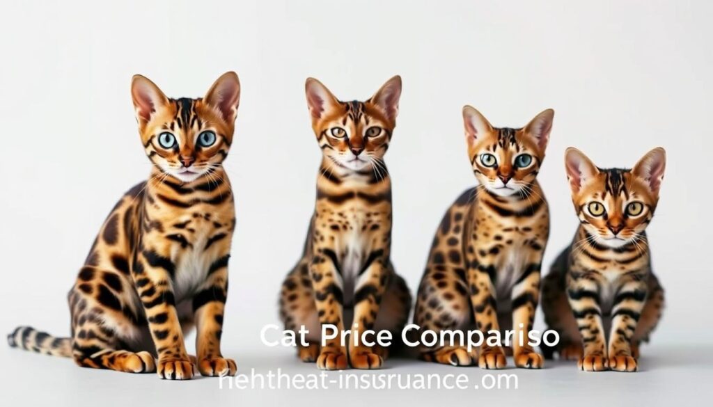 A high-quality photograph showcasing a side-by-side comparison of a Bengal cat alongside other exotic feline breeds. The Bengal cat occupies the foreground, its striking coat and distinctive markings lit by soft, natural lighting. In the middle ground, other exotic breeds such as Savannah and Serengal cats are presented, allowing viewers to visually contrast their sizes, features, and overall appearance. The background is a clean, minimalist setting, drawing the focus entirely to the cats. The image conveys a sense of elegance and professionalism, ideal for the "Bengal Cat Price Comparison" section of the article. The website "www.thecatinsurance.com" is subtly incorporated into the image. A high-quality photograph showcasing a side-by-side comparison of a Bengal cat alongside other exotic feline breeds. The Bengal cat occupies the foreground, its striking coat and distinctive markings lit by soft, natural lighting. In the middle ground, other exotic breeds such as Savannah and Serengal cats are presented, allowing viewers to visually contrast their sizes, features, and overall appearance. The background is a clean, minimalist setting, drawing the focus entirely to the cats. The image conveys a sense of elegance and professionalism, ideal for the "Bengal Cat Price Comparison" section of the article. The website "www.thecatinsurance.com" is subtly incorporated into the image.