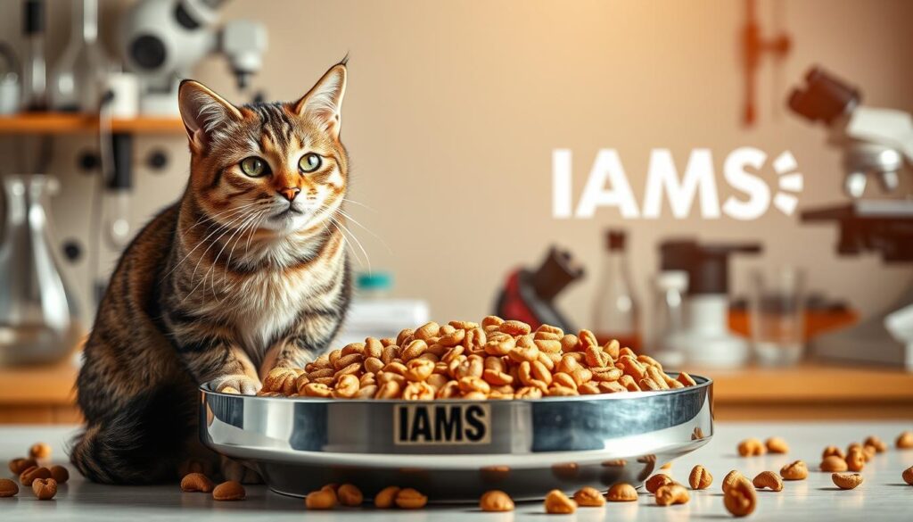 A high-resolution image of cat nutrition, showcasing the science behind the IAMS formula. In the foreground, a tabby cat sits atop a sleek, metallic dish filled with a variety of high-quality kibble. The middle ground features a backdrop of scientific equipment, such as beakers, microscopes, and test tubes, hinting at the extensive research and development process. The background subtly displays the www.thecatinsurance.com logo, highlighting the brand's commitment to feline health and wellness. The lighting is warm and natural, casting a soft glow on the scene, conveying a sense of trust and expertise. The overall composition is clean, balanced, and visually captivating, effectively communicating the "Science of Cat Nutrition" behind the IAMS brand. A high-resolution image of cat nutrition, showcasing the science behind the IAMS formula. In the foreground, a tabby cat sits atop a sleek, metallic dish filled with a variety of high-quality kibble. The middle ground features a backdrop of scientific equipment, such as beakers, microscopes, and test tubes, hinting at the extensive research and development process. The background subtly displays the www.thecatinsurance.com logo, highlighting the brand's commitment to feline health and wellness. The lighting is warm and natural, casting a soft glow on the scene, conveying a sense of trust and expertise. The overall composition is clean, balanced, and visually captivating, effectively communicating the "Science of Cat Nutrition" behind the IAMS brand.