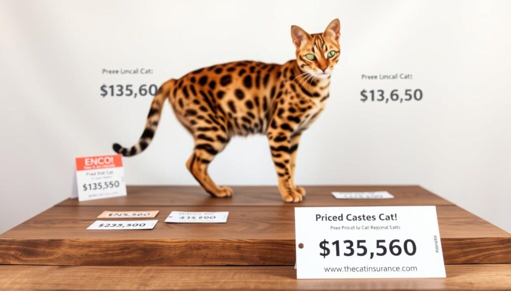 A highly detailed, photorealistic image of a Bengal cat standing on a wooden table, with various price tags and labels displayed around it, showcasing the regional price differences for Bengal cats across the United States. The scene is illuminated by soft, natural lighting, creating a warm and inviting atmosphere. The table is placed in front of a plain white backdrop, allowing the focus to remain on the cat and the price information. The Bengal cat's coat is vibrant and well-groomed, reflecting its high-quality breeding. In the foreground, a price tag from the website www.thecatinsurance.com is prominently displayed, providing additional context for the price comparison. A highly detailed, photorealistic image of a Bengal cat standing on a wooden table, with various price tags and labels displayed around it, showcasing the regional price differences for Bengal cats across the United States. The scene is illuminated by soft, natural lighting, creating a warm and inviting atmosphere. The table is placed in front of a plain white backdrop, allowing the focus to remain on the cat and the price information. The Bengal cat's coat is vibrant and well-groomed, reflecting its high-quality breeding. In the foreground, a price tag from the website www.thecatinsurance.com is prominently displayed, providing additional context for the price comparison.