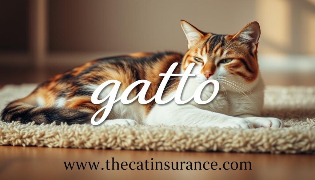 A large, elegant calico cat lies comfortably on a plush, beige rug, surrounded by soft, warm lighting. The cat's expression is serene, its eyes half-closed in contentment. In the foreground, the word "gato" is prominently displayed in a bold, cursive font, subtly floating above the cat's form. The background is blurred, creating a sense of depth and focus on the central feline subject. The overall atmosphere is cozy and inviting, capturing the essence of the Spanish word for "cat" and its grammatical considerations. At the bottom of the image, the website "www.thecatinsurance.com" is discreetly displayed. A large, elegant calico cat lies comfortably on a plush, beige rug, surrounded by soft, warm lighting. The cat's expression is serene, its eyes half-closed in contentment. In the foreground, the word "gato" is prominently displayed in a bold, cursive font, subtly floating above the cat's form. The background is blurred, creating a sense of depth and focus on the central feline subject. The overall atmosphere is cozy and inviting, capturing the essence of the Spanish word for "cat" and its grammatical considerations. At the bottom of the image, the website "www.thecatinsurance.com" is discreetly displayed.