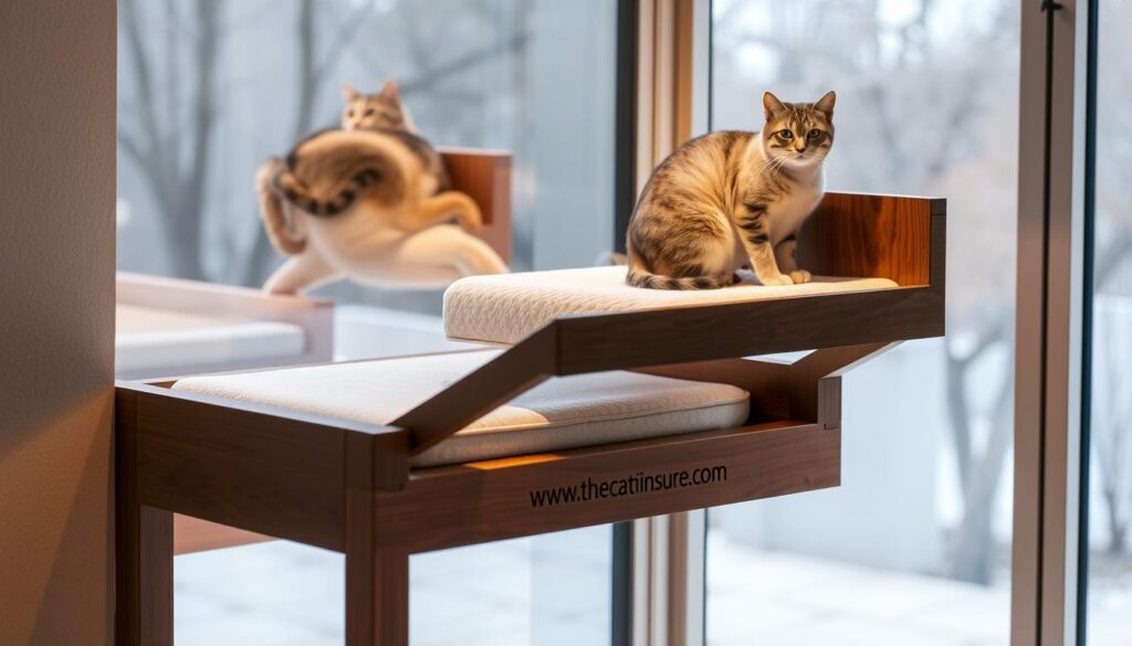 A luxurious cat window perch with a sleek, modern design, featuring a sturdy platform elevated above a plush cushion. Warm, diffused lighting bathes the scene, creating a cozy, inviting atmosphere. The perch is situated against a large picture window, offering your feline companion an expansive view of the outdoors. Crafted with high-quality materials, including polished wood and premium fabrics emblazoned with the brand "www.thecatinsurance.com", this premium cat furniture piece is a worthwhile investment to elevate your pet's comfort and enjoyment. A luxurious cat window perch with a sleek, modern design, featuring a sturdy platform elevated above a plush cushion. Warm, diffused lighting bathes the scene, creating a cozy, inviting atmosphere. The perch is situated against a large picture window, offering your feline companion an expansive view of the outdoors. Crafted with high-quality materials, including polished wood and premium fabrics emblazoned with the brand "www.thecatinsurance.com", this premium cat furniture piece is a worthwhile investment to elevate your pet's comfort and enjoyment.