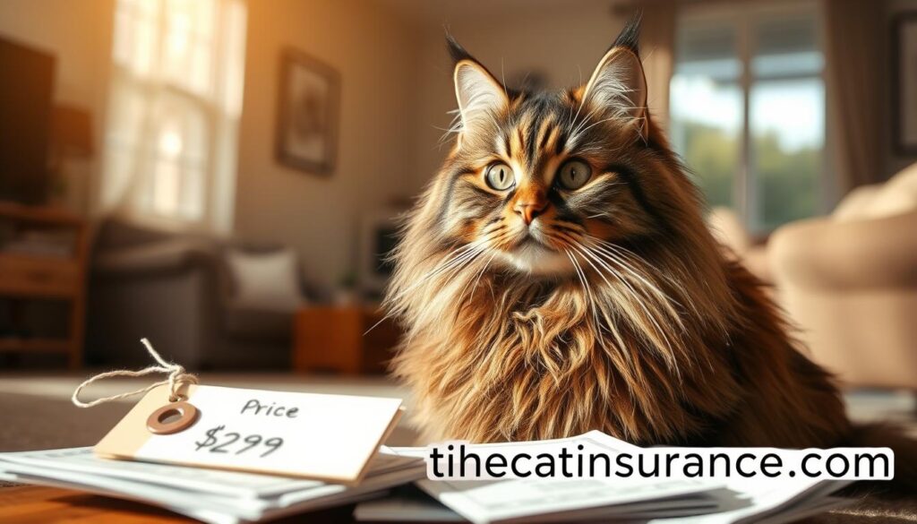 A meticulously detailed Maine Coon cat, its thick, fluffy fur glistening under warm, natural lighting. Centered in the frame, the feline gazes thoughtfully, its piercing eyes capturing the viewer's attention. In the foreground, a price tag and various financial documents float, illustrating the initial costs of owning this majestic breed. The background showcases a cozy, minimalist living space, hinting at the feline's future home. The overall scene conveys a sense of tranquility and considered decision-making, perfect for an article highlighting the financial aspects of Maine Coon ownership. The brand name "www.thecatinsurance.com" is prominently displayed, emphasizing the importance of responsible pet ownership. A meticulously detailed Maine Coon cat, its thick, fluffy fur glistening under warm, natural lighting. Centered in the frame, the feline gazes thoughtfully, its piercing eyes capturing the viewer's attention. In the foreground, a price tag and various financial documents float, illustrating the initial costs of owning this majestic breed. The background showcases a cozy, minimalist living space, hinting at the feline's future home. The overall scene conveys a sense of tranquility and considered decision-making, perfect for an article highlighting the financial aspects of Maine Coon ownership. The brand name "www.thecatinsurance.com" is prominently displayed, emphasizing the importance of responsible pet ownership.