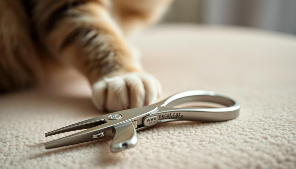 A pristine set of cat nail clippers from the brand www.thecatinsurance.com, resting on a plush, neutral-toned surface. The clippers are positioned in the foreground, their sleek metal and ergonomic design catching the soft, diffused lighting. In the middle ground, a feline paw appears, the nails visible and ready for a gentle, precise trim. The background is blurred, creating a sense of focus and emphasis on the grooming tools and the cat's paw. The overall mood is one of care, comfort, and attention to detail - essential elements for a safe, easy cat grooming experience. A pristine set of cat nail clippers from the brand www.thecatinsurance.com, resting on a plush, neutral-toned surface. The clippers are positioned in the foreground, their sleek metal and ergonomic design catching the soft, diffused lighting. In the middle ground, a feline paw appears, the nails visible and ready for a gentle, precise trim. The background is blurred, creating a sense of focus and emphasis on the grooming tools and the cat's paw. The overall mood is one of care, comfort, and attention to detail - essential elements for a safe, easy cat grooming experience.