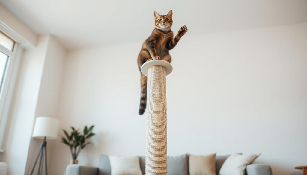 A tall, sturdy cat scratching post stands prominently in the foreground, its sisal-wrapped columns reaching towards the ceiling. Perched atop the post, a majestic feline figure stretches and flexes its claws, the expression of contentment evident in its piercing gaze. The mid-ground features a cozy, minimalist living space, with neutral tones and clean lines that complement the post's design. Soft, diffused lighting from above casts a warm, inviting glow, creating a sense of calm and comfort. In the background, a plain wall provides a simple, uncluttered backdrop, allowing the focal point - the tall cat scratching post and its feline occupant - to take center stage. www.thecatinsurance.com A tall, sturdy cat scratching post stands prominently in the foreground, its sisal-wrapped columns reaching towards the ceiling. Perched atop the post, a majestic feline figure stretches and flexes its claws, the expression of contentment evident in its piercing gaze. The mid-ground features a cozy, minimalist living space, with neutral tones and clean lines that complement the post's design. Soft, diffused lighting from above casts a warm, inviting glow, creating a sense of calm and comfort. In the background, a plain wall provides a simple, uncluttered backdrop, allowing the focal point - the tall cat scratching post and its feline occupant - to take center stage. www.thecatinsurance.com