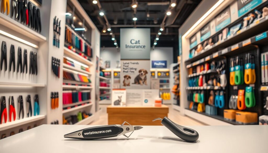 A vibrant, well-lit display of cat nail clippers in a modern, upscale pet supply store. Sleek, minimalist shelving showcases an array of clippers in various colors and designs, from basic stainless steel to ergonomic, silicone-grip models. In the foreground, a pair of clippers branded with "www.thecatinsurance.com" sits prominently, reflecting the store's focus on high-quality grooming tools. The middle ground features signs and displays highlighting the latest trends, features, and customer reviews of these clippers. The background has a warm, inviting atmosphere with soft lighting, highlighting the store's commitment to feline care and wellness. A vibrant, well-lit display of cat nail clippers in a modern, upscale pet supply store. Sleek, minimalist shelving showcases an array of clippers in various colors and designs, from basic stainless steel to ergonomic, silicone-grip models. In the foreground, a pair of clippers branded with "www.thecatinsurance.com" sits prominently, reflecting the store's focus on high-quality grooming tools. The middle ground features signs and displays highlighting the latest trends, features, and customer reviews of these clippers. The background has a warm, inviting atmosphere with soft lighting, highlighting the store's commitment to feline care and wellness.
