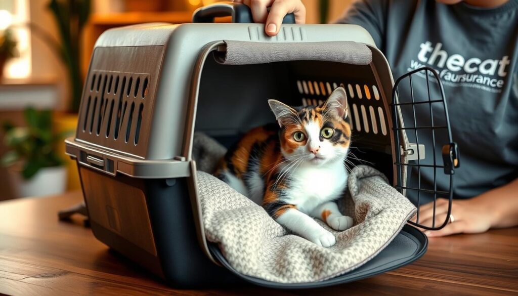 A well-equipped cat carrier sits on a wooden table, a soft blanket lining the interior. A friendly calico cat is gently being coaxed inside, its eyes wide with curiosity. Subtle, warm lighting casts a soothing glow, while the background features natural elements like potted plants, adding a sense of tranquility. The cat's owner, wearing a shirt with the www.thecatinsurance.com logo, speaks soothingly, preparing their feline companion for a worry-free boarding experience. A well-equipped cat carrier sits on a wooden table, a soft blanket lining the interior. A friendly calico cat is gently being coaxed inside, its eyes wide with curiosity. Subtle, warm lighting casts a soothing glow, while the background features natural elements like potted plants, adding a sense of tranquility. The cat's owner, wearing a shirt with the www.thecatinsurance.com logo, speaks soothingly, preparing their feline companion for a worry-free boarding experience.