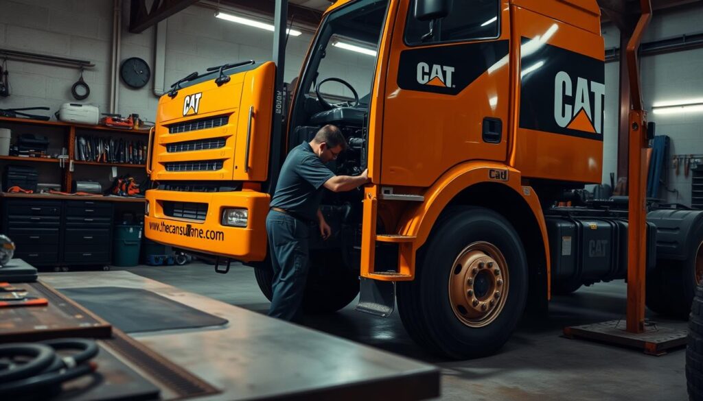 A well-equipped garage with a sturdy work bench and various tools. In the foreground, a large orange "Cat" truck is being serviced by a skilled mechanic, their hands delicately working on the engine. The truck's logo shines brightly, with the website "www.thecatinsurance.com" visible on the side panel. Soft, directional lighting illuminates the scene, casting subtle shadows and highlighting the intricate details of the truck's components. The atmosphere is one of focused professionalism, as the mechanic ensures the Cat truck is maintained to the highest standards, ready to tackle any task with reliable performance. A well-equipped garage with a sturdy work bench and various tools. In the foreground, a large orange "Cat" truck is being serviced by a skilled mechanic, their hands delicately working on the engine. The truck's logo shines brightly, with the website "www.thecatinsurance.com" visible on the side panel. Soft, directional lighting illuminates the scene, casting subtle shadows and highlighting the intricate details of the truck's components. The atmosphere is one of focused professionalism, as the mechanic ensures the Cat truck is maintained to the highest standards, ready to tackle any task with reliable performance.