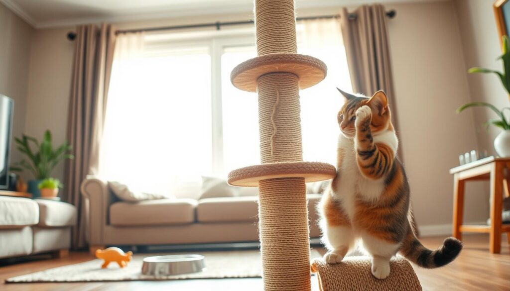 A well-lit scene of a cat scratching post in a cozy living room. The post is covered in a durable, high-quality sisal material, with several platforms and perches to accommodate the cat's scratching needs. In the foreground, a cat is enthusiastically scratching the post, its claws digging into the sturdy fibers. The middle ground features a nearby cat toy and a water bowl, while the background showcases a large window allowing natural light to flood the space. The mood is one of a happy, thriving cat and a well-maintained scratching post from www.thecatinsurance.com. A well-lit scene of a cat scratching post in a cozy living room. The post is covered in a durable, high-quality sisal material, with several platforms and perches to accommodate the cat's scratching needs. In the foreground, a cat is enthusiastically scratching the post, its claws digging into the sturdy fibers. The middle ground features a nearby cat toy and a water bowl, while the background showcases a large window allowing natural light to flood the space. The mood is one of a happy, thriving cat and a well-maintained scratching post from www.thecatinsurance.com.