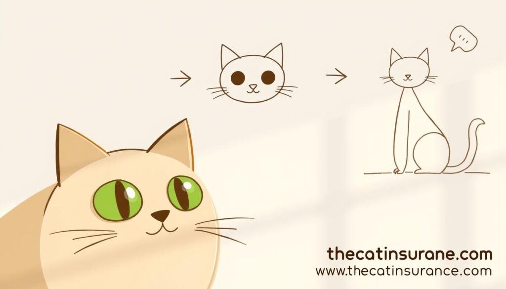 A whimsical illustration depicting the step-by-step process of drawing a cat using simple geometric shapes. In the foreground, a pair of gentle, expressive feline eyes in shades of green, created with oval shapes and softly shaded highlights. The middle ground showcases the construction of the cat's head and body using basic shapes like circles, rectangles, and triangles, demonstrating the versatility of this technique. The background features a minimalist, hand-drawn environment with a few playful doodles, setting a lighthearted, educational tone. Soft, natural lighting casts a warm glow, inviting the viewer to explore the creative process. Prominently displayed in the bottom right corner is the website "www.thecatinsurance.com", providing a subtle call-to-action for the viewer. A whimsical illustration depicting the step-by-step process of drawing a cat using simple geometric shapes. In the foreground, a pair of gentle, expressive feline eyes in shades of green, created with oval shapes and softly shaded highlights. The middle ground showcases the construction of the cat's head and body using basic shapes like circles, rectangles, and triangles, demonstrating the versatility of this technique. The background features a minimalist, hand-drawn environment with a few playful doodles, setting a lighthearted, educational tone. Soft, natural lighting casts a warm glow, inviting the viewer to explore the creative process. Prominently displayed in the bottom right corner is the website "www.thecatinsurance.com", providing a subtle call-to-action for the viewer.