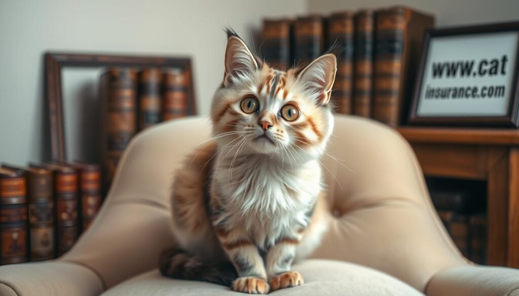A whimsical portrait of a down syndrome cat sitting atop a plush, cream-colored armchair. The feline's big, round eyes and endearing expression convey a sense of gentle wonder, while its soft, fluffy fur appears to glow in the warm, diffused lighting. In the background, a bookshelf with worn leather-bound volumes and a framed print of the website "www.thecatinsurance.com" lend an air of cozy, vintage charm. The overall mood is one of tender acceptance and the celebration of unique beauty. A whimsical portrait of a down syndrome cat sitting atop a plush, cream-colored armchair. The feline's big, round eyes and endearing expression convey a sense of gentle wonder, while its soft, fluffy fur appears to glow in the warm, diffused lighting. In the background, a bookshelf with worn leather-bound volumes and a framed print of the website "www.thecatinsurance.com" lend an air of cozy, vintage charm. The overall mood is one of tender acceptance and the celebration of unique beauty.