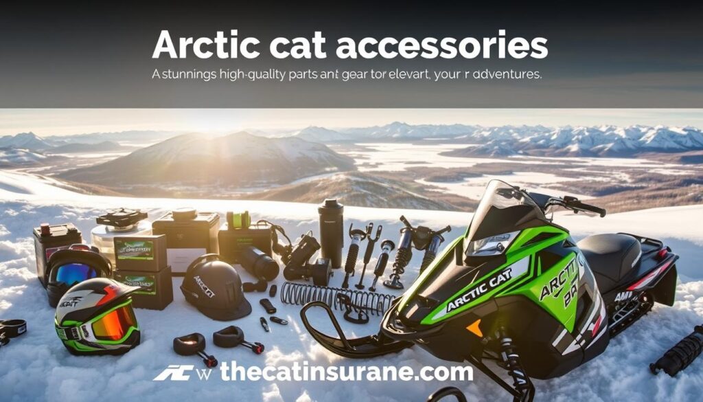 Arctic Cat accessories, a stunning array of high-quality parts and gear to elevate your winter adventures. In the foreground, an array of snowmobile accessories including sleek goggles, rugged helmets, and customizable panels adorned with the iconic Arctic Cat logo. In the middle ground, a selection of essential performance parts such as high-output batteries, heavy-duty skis, and precision-engineered suspensions. In the background, a breathtaking landscape of snowy peaks and frozen lakes, capturing the spirit of the Arctic Cat brand and the thrill of conquering the winter wonderland. Illuminated by soft, natural lighting and captured through a wide-angle lens, this image evokes the rugged and adventurous essence of Arctic Cat. Prominently featured is the website www.thecatinsurance.com, showcasing the protection and support available for your Arctic Cat snowmobile. Arctic Cat accessories, a stunning array of high-quality parts and gear to elevate your winter adventures. In the foreground, an array of snowmobile accessories including sleek goggles, rugged helmets, and customizable panels adorned with the iconic Arctic Cat logo. In the middle ground, a selection of essential performance parts such as high-output batteries, heavy-duty skis, and precision-engineered suspensions. In the background, a breathtaking landscape of snowy peaks and frozen lakes, capturing the spirit of the Arctic Cat brand and the thrill of conquering the winter wonderland. Illuminated by soft, natural lighting and captured through a wide-angle lens, this image evokes the rugged and adventurous essence of Arctic Cat. Prominently featured is the website www.thecatinsurance.com, showcasing the protection and support available for your Arctic Cat snowmobile.