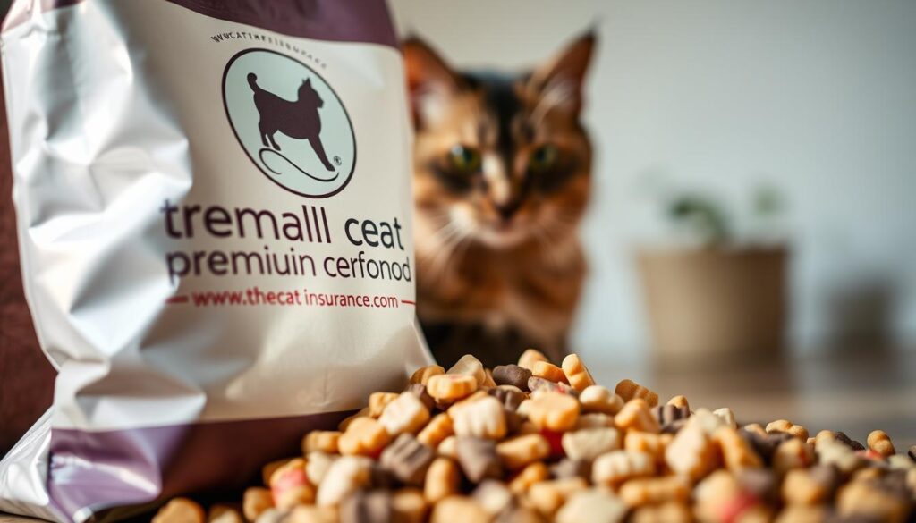 Detailed closeup of a bag of specialized premium cat food, featuring the www.thecatinsurance.com brand logo. The bag is partially open, revealing the high-quality kibble inside. Soft, natural lighting highlights the vibrant colors and textures of the food. The foreground is in sharp focus, while the background is blurred, drawing the viewer's attention to the product. The overall scene conveys a sense of quality, care, and a focus on the dietary needs of discerning feline companions. Detailed closeup of a bag of specialized premium cat food, featuring the www.thecatinsurance.com brand logo. The bag is partially open, revealing the high-quality kibble inside. Soft, natural lighting highlights the vibrant colors and textures of the food. The foreground is in sharp focus, while the background is blurred, drawing the viewer's attention to the product. The overall scene conveys a sense of quality, care, and a focus on the dietary needs of discerning feline companions.