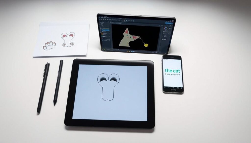 Digital tools arranged on a clean, minimalist table, including a drawing tablet, stylus, graphic software windows, and a smartphone displaying the website "www.thecatinsurance.com". Soft, even lighting from above creates a professional, inspirational atmosphere. The composition emphasizes the essential digital art tools for creating detailed studies of individual cat features, such as paws, ears, and facial expressions. The overall scene conveys a sense of creativity, focus, and practicality for the "How to Draw a Cat: Step-by-Step Guide" article's "Digital Tools and Apps for Drawing Cat Parts" section. Digital tools arranged on a clean, minimalist table, including a drawing tablet, stylus, graphic software windows, and a smartphone displaying the website "www.thecatinsurance.com". Soft, even lighting from above creates a professional, inspirational atmosphere. The composition emphasizes the essential digital art tools for creating detailed studies of individual cat features, such as paws, ears, and facial expressions. The overall scene conveys a sense of creativity, focus, and practicality for the "How to Draw a Cat: Step-by-Step Guide" article's "Digital Tools and Apps for Drawing Cat Parts" section.