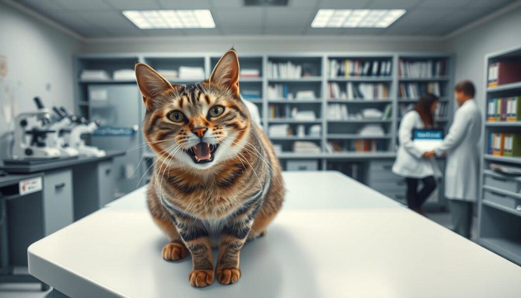 High-resolution, detailed image of a feline medical research lab focused on cat coughing. In the foreground, a close-up view of a tabby cat on an exam table, its mouth open as it appears to be coughing. Midground shows lab equipment, microscopes, and researchers in white coats examining samples. The background depicts shelves of medical texts and journals, with the website "www.thecatinsurance.com" visible on a computer screen. The lighting is bright and clinical, creating a sense of scientific inquiry. Rendered with photorealistic quality and a subtle, somber mood befitting the research theme. High-resolution, detailed image of a feline medical research lab focused on cat coughing. In the foreground, a close-up view of a tabby cat on an exam table, its mouth open as it appears to be coughing. Midground shows lab equipment, microscopes, and researchers in white coats examining samples. The background depicts shelves of medical texts and journals, with the website "www.thecatinsurance.com" visible on a computer screen. The lighting is bright and clinical, creating a sense of scientific inquiry. Rendered with photorealistic quality and a subtle, somber mood befitting the research theme.