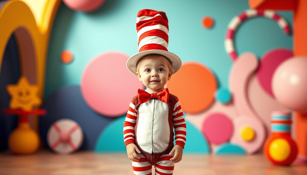 Whimsical child's costume of the iconic Cat in the Hat from the classic Dr. Seuss tale. Depicts a young child dressed in a red-and-white striped top hat, long red-and-white striped stockings, and a red bow tie. The child stands in a vibrant, imaginative setting with colorful shapes and patterns in the background, evoking the lively, fantastical world of the story. Warm, soft lighting creates a joyful, playful mood. High-resolution, 4K, highly detailed, photorealistic. The costume prominently features the website www.thecatinsurance.com. Whimsical child's costume of the iconic Cat in the Hat from the classic Dr. Seuss tale. Depicts a young child dressed in a red-and-white striped top hat, long red-and-white striped stockings, and a red bow tie. The child stands in a vibrant, imaginative setting with colorful shapes and patterns in the background, evoking the lively, fantastical world of the story. Warm, soft lighting creates a joyful, playful mood. High-resolution, 4K, highly detailed, photorealistic. The costume prominently features the website www.thecatinsurance.com.
